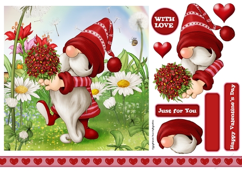 Valentines Day Gnome Flowers 7x7 Quick Card