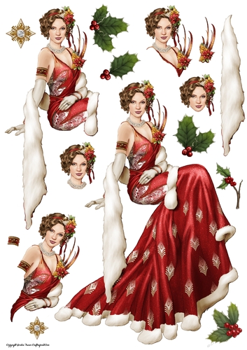 Art Deco Lady Christmas Lola Decoupage Sheet Red