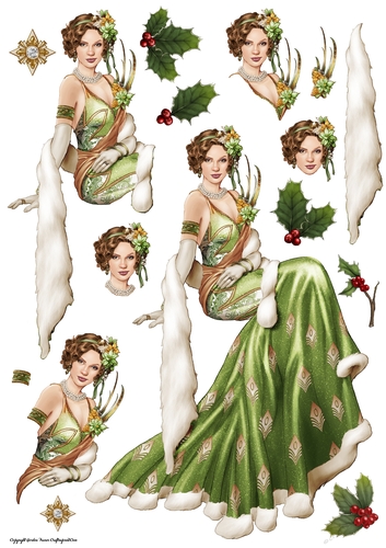 Art Deco Lady Christmas Lola Decoupage Sheet Green