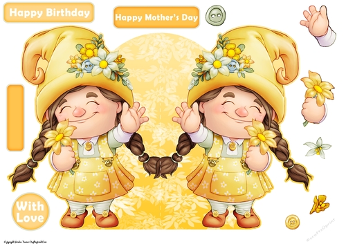Maisie the Gnome Yellow Shaped Card
