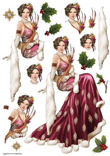 Art Deco Lady Christmas Lola Decoupage Sheet Dark Pink