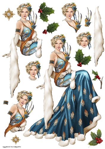 Art Deco Lady Christmas Lola Decoupage Sheet Dark Blue