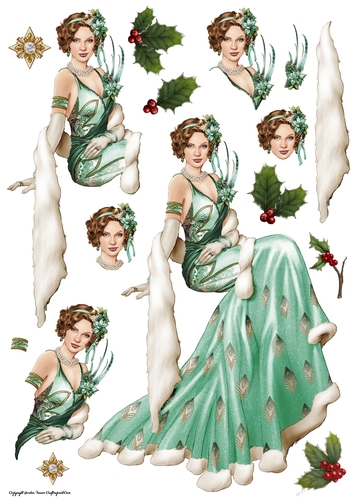 Art Deco Lady Christmas Lola Decoupage Sheet Aqua