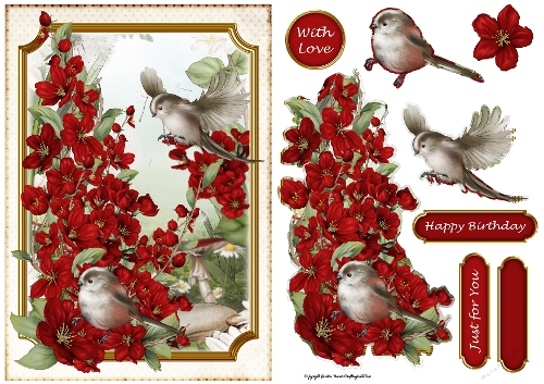 Long Tailed Bird with Blossom Red
