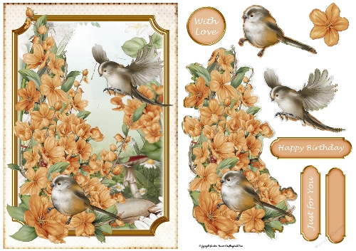 Long Tailed Bird with Blossom Gold