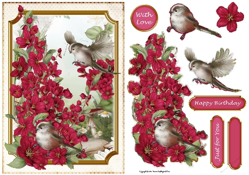 Long Tailed Bird with Blossom Dark Pink