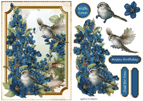 Long Tailed Bird with Blossom Dark Blue
