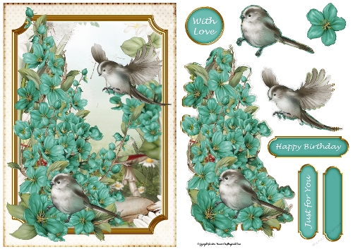 Long Tailed Bird with Blossom  Aqua