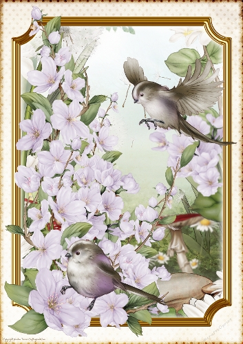 Long Tailed Bird with Blossom Lilac A4