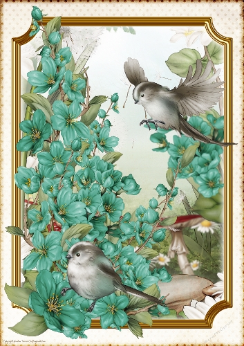 Long Tailed Bird with Blossom Aqua A4