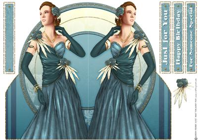 Art Deco Lady Rose (blue) Shaped Card