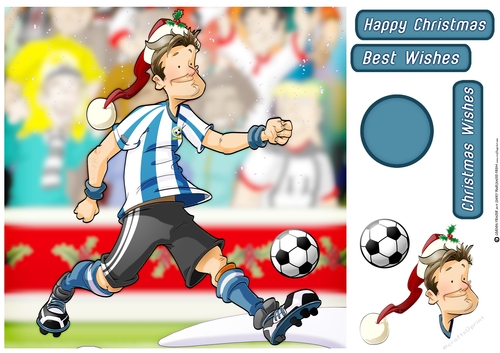 Football Dude Blue and White Stripe Christmas 8x8 Card Front