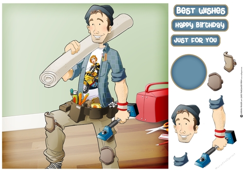 Carpet Fitter Dude Blue 8x8 Quick Card