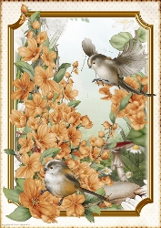 Long Tailed Bird with Blossom Gold A4