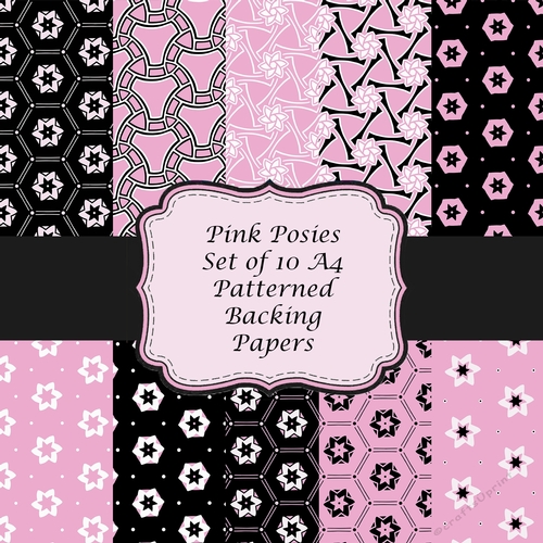 10 A4 Pink and Black Floral Paper Set Patterned Scrapbooking Backing Papers 
