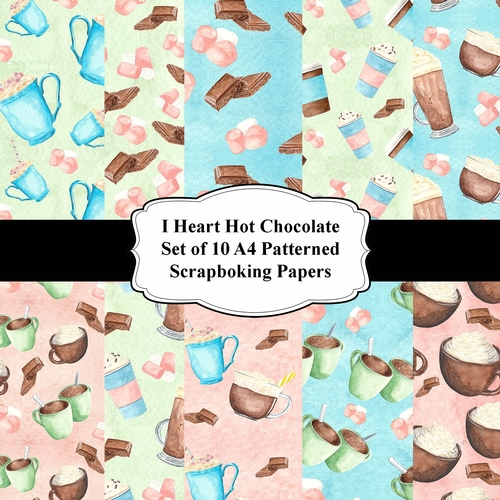 I Heart Hot Chocolate Set of 10 A4 Watercolour Patterned Papers for Scrapbooking, Card Making, Etc.