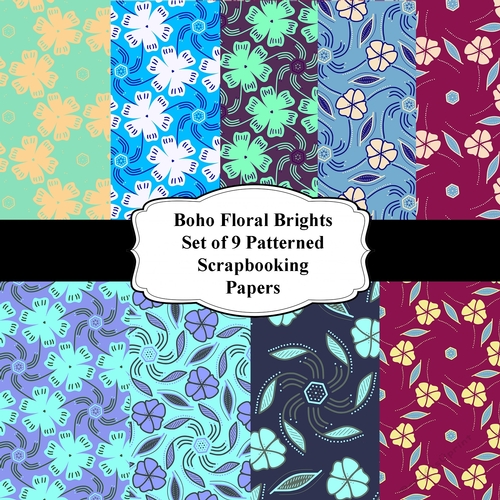 Boho Floral Brights Set of 9 A4 Patterned Scrapbooking Papers For Cardmaking, Scrapbooking, Memory Books, etc