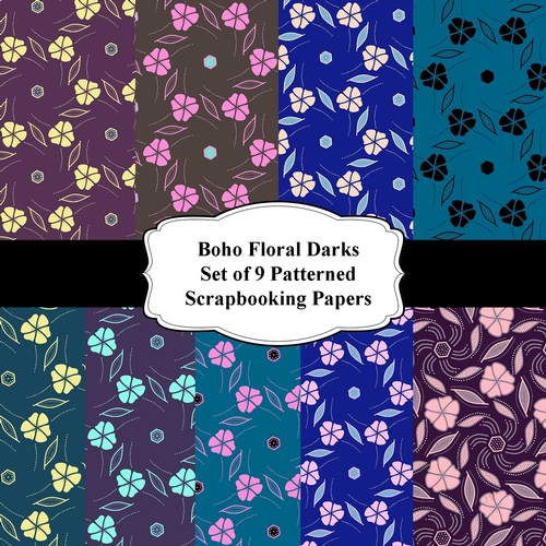 Boho Floral Darks Set of 9 A4 Patterned Scrapbooking Papers For Cardmaking, Scrapbooking, Memory Books, etc