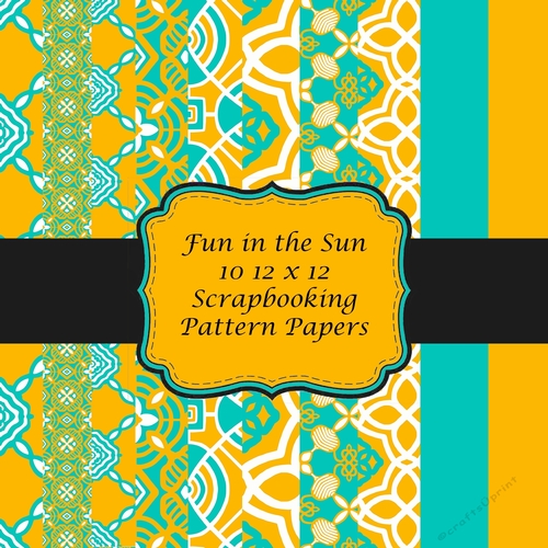Fun in the Sun Set 01 of 10 12 x 12 Scrapbooking Backing Papers plus 2 Single Motif Designs in Summer Shades of Yellow and Blue