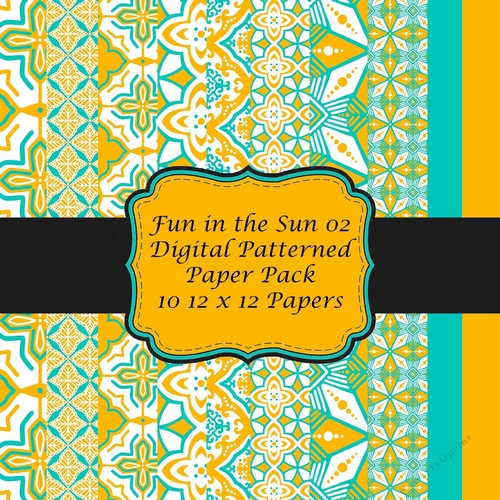 Fun in the Sun Set 02 of 10 12 x 12 Scrapbooking Backing Papers plus 2 Single Motif Designs in Summer Shades of Yellow and Blue