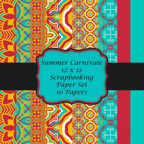 Summer Carnivale Set of 10 12 x 12 Scrapbooking Backing Papers plus 2 Single Motif Designs in Summer Shades of Yellow and Blue