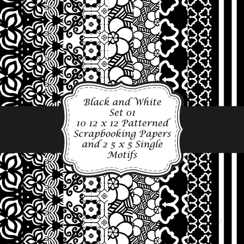 10 12 x 12 Black and White Set 01 Patterned Scrapbooking Backing Papers and 2 5 x 5 Single Motif Designs