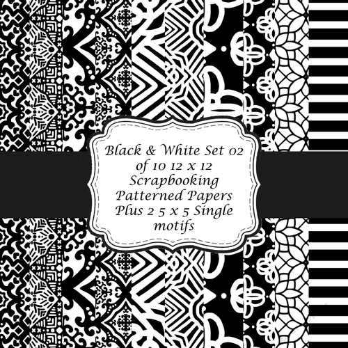 Black and White 12 x 12 inch set of 10 Vintage-Inspired Decorative Patterned Papers for Scrapbooking, Card Making etc. 02