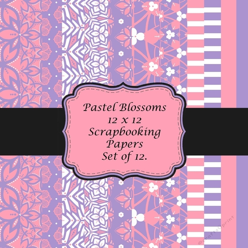 Pastel Blossoms Set of 12 x 12 Floral Patterned Scrapbooking Backing Papers in Pastel shades of Pink and Purple