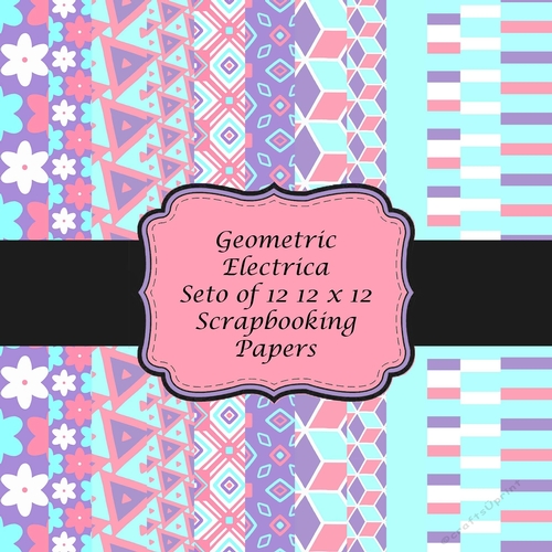Geometric Electrica Set of 12 x 12 Geometric Patterned Scrapbooking Backing Papers in Pastel shades of Pink, Blue and Purple