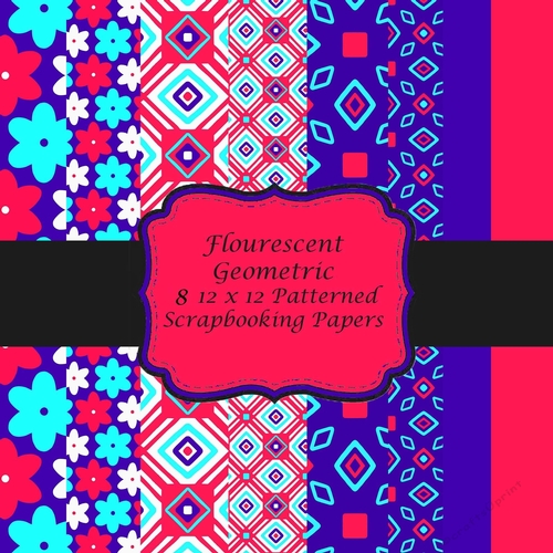 8 Colourful Flourescent Geometric Pattern 12 x 12 Inch Scrapbooking Papers Plus 2 Single 5 x 5 Motif