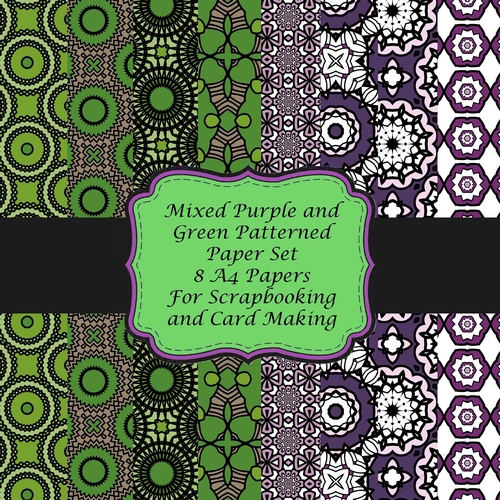 8 A4 Sheets Mixed Purple and Green Patterned Paper for Scrapbooking, Card Making Etc. 