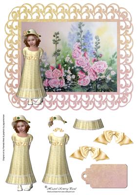 Pretty Girl in Hollyhocks Decoupage Card