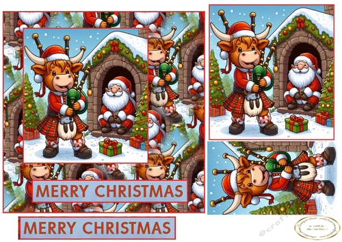 christmas highland coo playing the bagpipe
