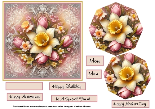 daffs and tulips on lace with pyramid toppers 