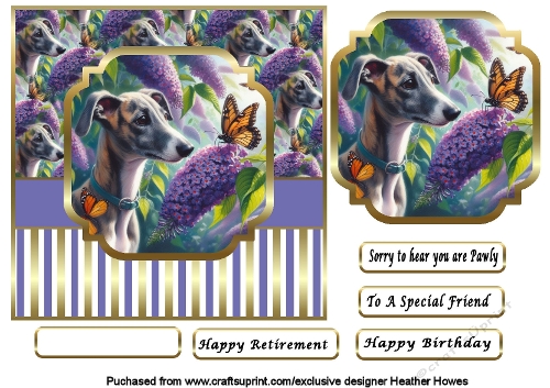 puppy dog greyhound with flowers and butterfly 