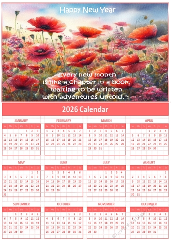 2026 calendars  A4 happy new year poppies