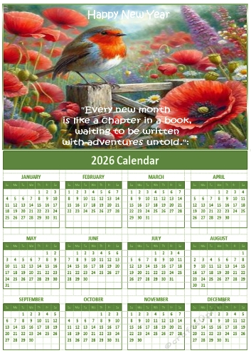 2026 calendars  A4 happy new year robin