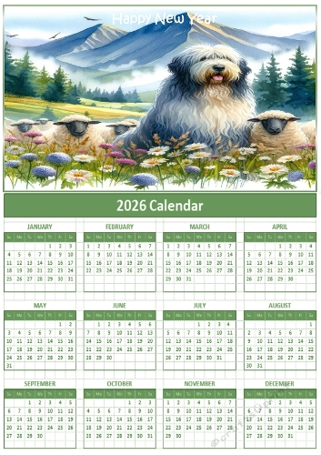 2026 calendars  A4 happy new year old english sheepdog
