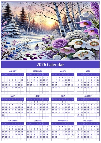 2026 calendars  A4 snowy floral