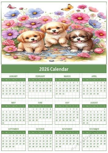 2026 calendars  A4 puppies