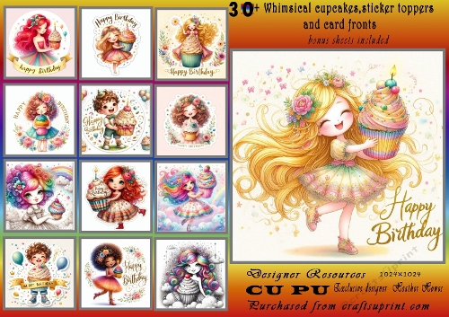 30+Whimsical cupcake birthday toppers and card fronts