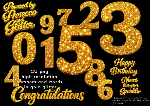 0-9 and + special words gold sparkle glitter 