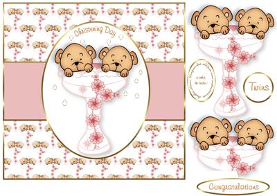 Twin Bears in a Font Christening Girls