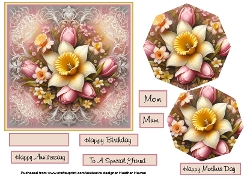 daffs and tulips on lace with pyramid toppers