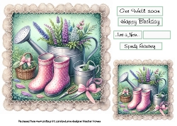 wellies and watering can on lace