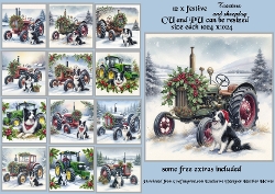 festive tractor with sheepdog
