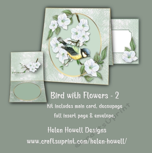 Bird with flowers 2- Blank Card, suitable for many different occasions.  - Tent Card