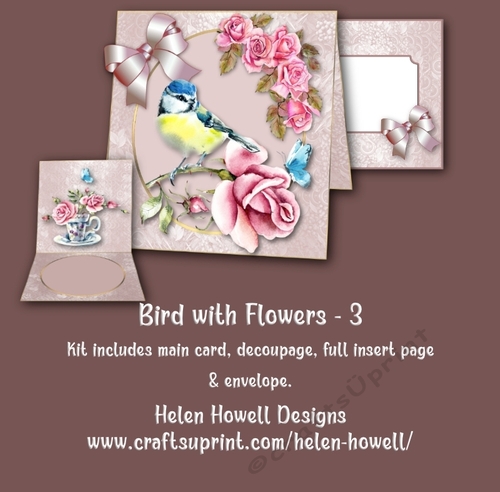 Bird with flowers 3- Blank Card, suitable for many different occasions.  - Tent Card