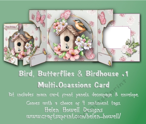 Bird, Butterflies & Birdhouse 1 - Double Gatefold Card