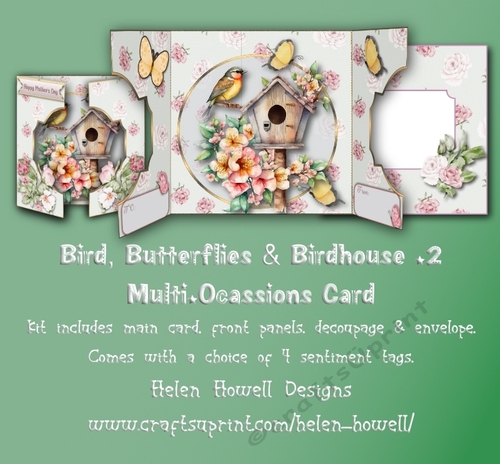 Bird, Butterflies & Birdhouse 2 - Double Gatefold Card